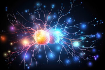 Fototapeta premium Neuronal network neurons, brain synapses connections to Peripheral Nervous System (PNS). Colorful fractal lightning brain light vivid neurons communicating via neurotransmitter in humans brain network