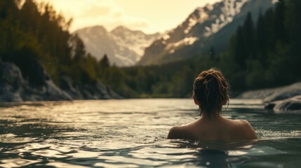 Woman swimming in a mountain river - obrazy, fototapety, plakaty