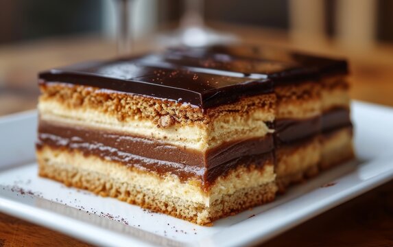 Classic French Opera Cake on a plate,close up