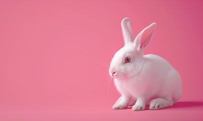 Very cute white rabbit on a pink pastel background with space for text.