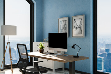view from angle on modern clean pc workplace; black monitor with copy space; minimalist office background with panoramic view on big city skyline; digital home office concept; 3D rendering