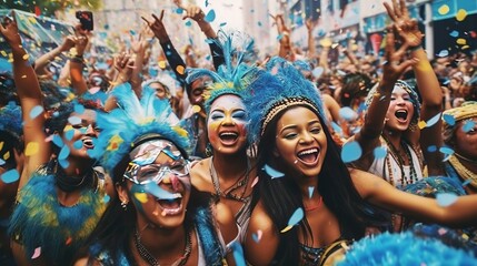 Brazilian carnival - Happy people celebrating brazilian carnival, Generative ai - obrazy, fototapety, plakaty