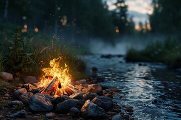 campfire is surrounded by an arrangement of various sized rocks