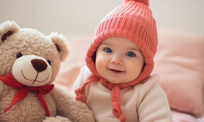 Cute teddy bear and happy baby in pink outfit. Valentines day greeting card concept.