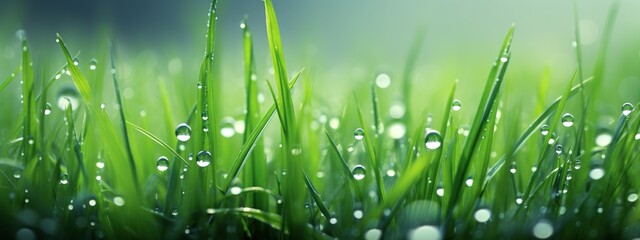 A serene and vibrant depiction of green grass with dew, inspired by the dreamy style of photographer Mark Mawson