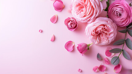 Fototapeta premium Mother's day card in pink colors, bouquet of flowers on blurred background with space for text