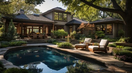 Backyard oasis of luxury villa with pool lounge area