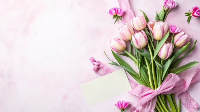 Mother's day card in pink colors, bouquet of flowers on blurred background with space for text