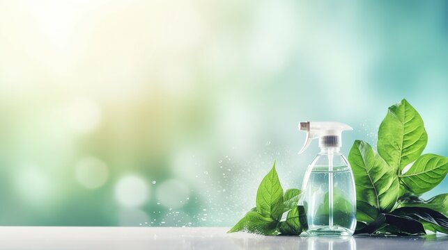 Capturing the essence of sustainability, showcase eco-friendly cleaning essentials - microfiber cloths, a spray bottle with water, against a colorful backdrop for a web banner with text space