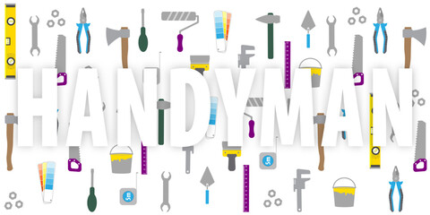 Handyman Tools pattern colorful. Corporate web site elements & background. Vector graphics for fixing, plumbing, renovation tools in trendy line style.  White word  Handyman with shadow. EPS10.