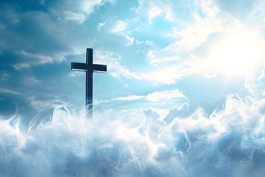Christian cross in heavenly wallpaper with ethereal clouds, symbolizing heaven or spirituality.