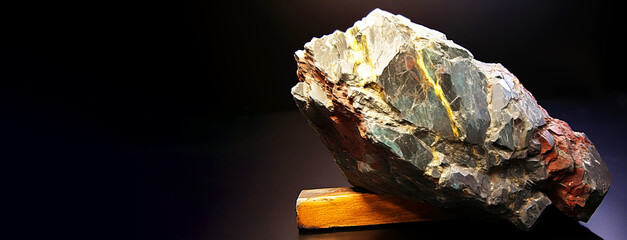 Argentite is a rare precious natural stone on a black background. AI generated. Header banner mockup with space.