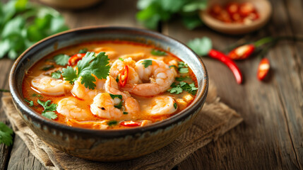 A bowl of Tom Yum Goong  steaming shrimp soup, a taste of Thailand. A flavorful bowl of Tom Yum soup, a culinary delight. A flavorful bowl of shrimp soup, a taste of the tropics. side view