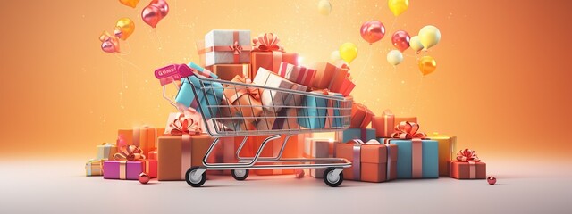 Shopping cart full of gifts, 3D, light background