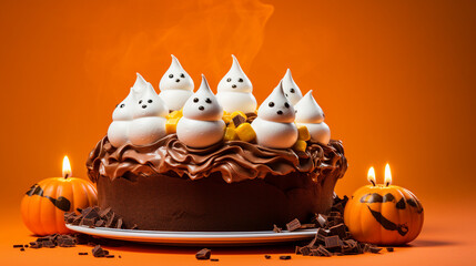Delicious Halloween Chocolate Cake with Spooky Meringue Ghosts and Candy Eyes on Orange Background - Perfect Treat for Festive October Celebrations!