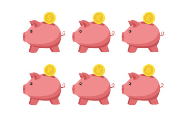 Piggy Bank and Coins with currency symbols. Set of piggy banks with gold coins.