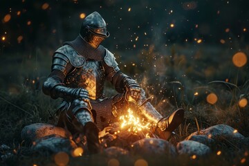 knight in full armor sitting by a campfire - obrazy, fototapety, plakaty