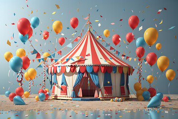Circus tent with balloons and confetti designs, 3D rendering design - obrazy, fototapety, plakaty