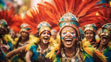 Brazilian carnival - Happy people celebrating brazilian carnival, Generative ai - obrazy, fototapety, plakaty