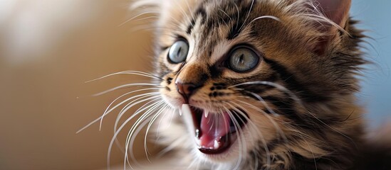 Examination of milk teeth tongue in a 1 or 2 month old kitten Dentistry for cats place for text. Creative Banner. Copyspace image