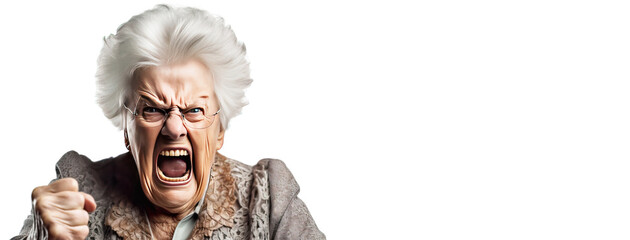 Elderly woman grandmother screams in angry anger, aggressively disappointed, white background isolate. - obrazy, fototapety, plakaty