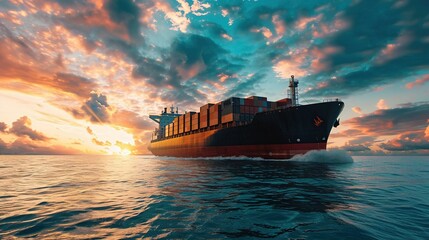 Cargo ship sailing at sea, logistics by sea. Created with Generative Ai technology. - obrazy, fototapety, plakaty