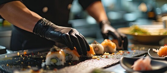 Close up of professional chef s hands in black gloves making sushi and rolls in a restaurant...
