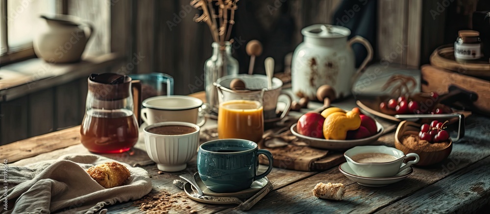 Poster breakfast relaxation time concept different coffee mugs and cups on a cozy kitchen table top view fl