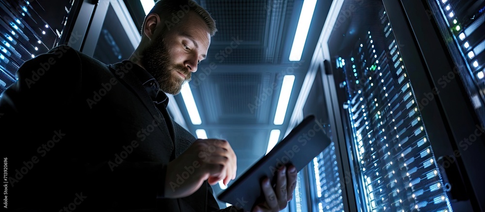 Poster Computer scientist using tablet to analyze server cabinets providing computing resources and storage enabling artificial intelligence to process massive datasets for training and machine learni