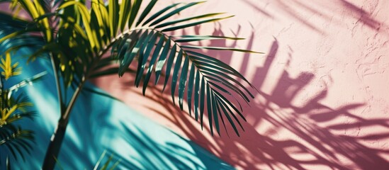 Fashion tropical minimal location Pink Hotel and Palm shadows Blue summer sky Canary islands Travel advertising banner wallpaper. Creative Banner. Copyspace image