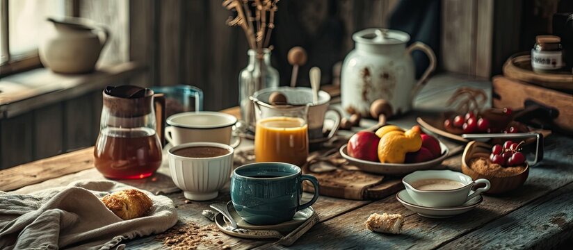 Breakfast relaxation time concept Different coffee mugs and cups on a cozy kitchen table Top view flat lay background. Creative Banner. Copyspace image