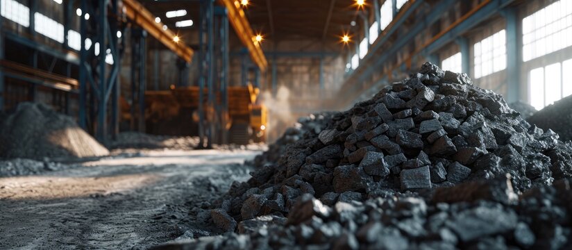 Big heap of dark black lump coal on floor bulk Charcoal sorage at warehouse stock reserve activated anthracite pile Power and heat generation Industrial and mining industry background