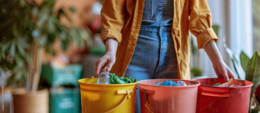 Poster close up concept Sort garbage at home There are three buckets for different types of garbage Young woman sorts waste in the kitchen. Creative Banner. Copyspace image