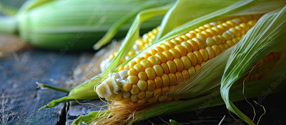 Poster cob of corn maize isolated on black background. creative banner. copyspace image