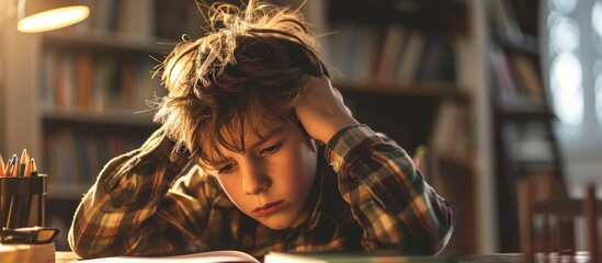 boy struggling with his homework holding his hands in his hair. Creative Banner. Copyspace image - obrazy, fototapety, plakaty