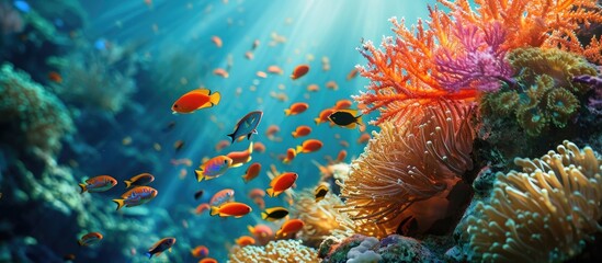 Fototapeta na wymiar Delicate soft corals and colorful tropical fish on a warm water coral reef. Creative Banner. Copyspace image