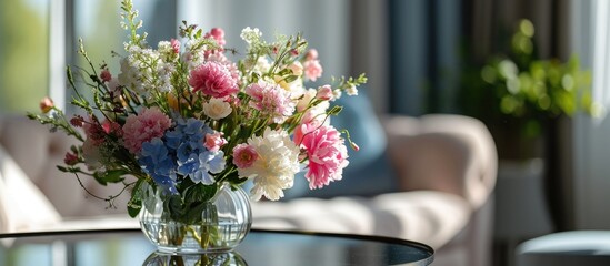 bouquet of artificial hydrangea flowers on a mirror table Details of decoration of living room Spring mood Spring decore in a room Light interior full of flowers Gentle pink and blue decore