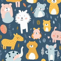 Baby animals seamless pattern.  illustration with cute animals. Nursery baby pattern, Generative AI 