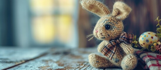 Easter bunny textile toy by handmade on checkered Decorative soft toy DIY. Creative Banner. Copyspace image