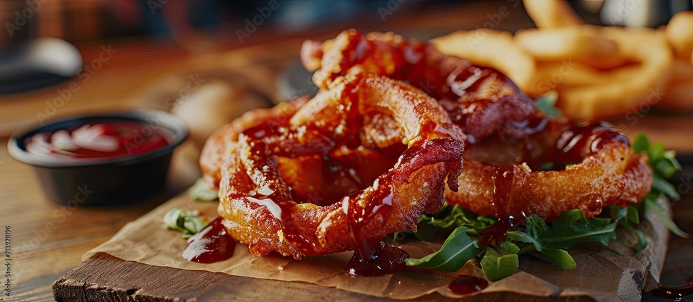Poster Close up of bacon wrapped onion rings with sauce Shallow depth of field. Creative Banner. Copyspace image