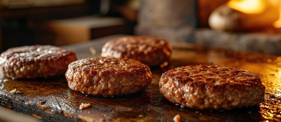 Four hamburger patties with dimple prepared for frying in a household kitchen. Creative Banner. Copyspace image