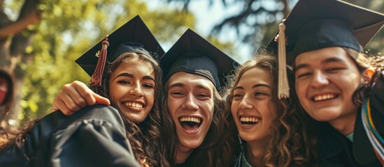 Excited group of friends hugging together and smiling looking happy after receiving their college diploma at their graduation. Creative Banner. Copyspace image