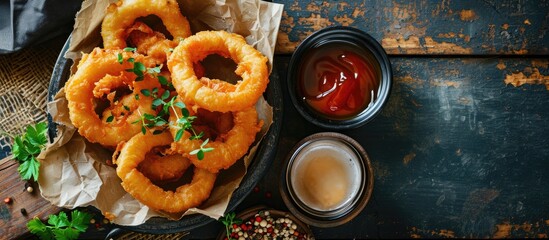 Delicious pub style onion rings with ketchup and beer. Creative Banner. Copyspace image