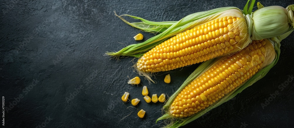 Poster cob of corn maize isolated on black background. creative banner. copyspace image