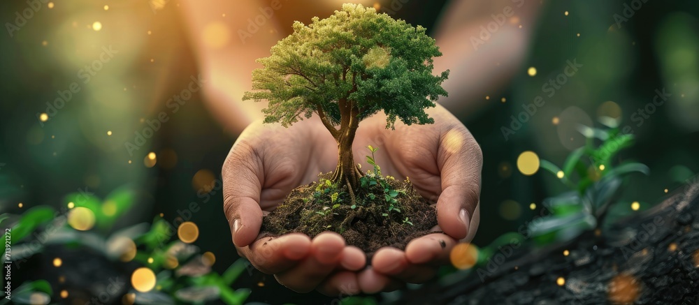 Aufkleber environmentally friendly concept symbolic tree made of green leaves and hand drawn cartoon sketch wi
