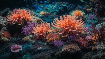 Naklejka na ściany i meble Luminous Depths: A Tranquil Scene of Bioluminescent Deep-Sea Creatures