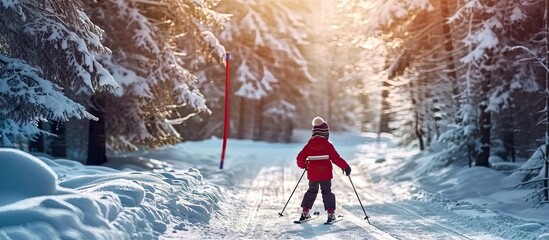 child learning training to ski in winter Active winter sports for children little skier racing in snow on forest track girl on cross country skis skiing kid. Creative Banner. Copyspace image - obrazy, fototapety, plakaty