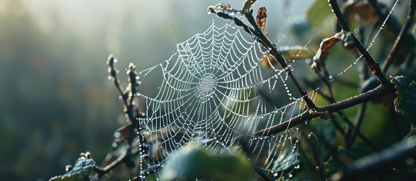 Early morning dew on a cobweb hanging between twigs of a plant on a misty morning. Creative Banner. Copyspace image