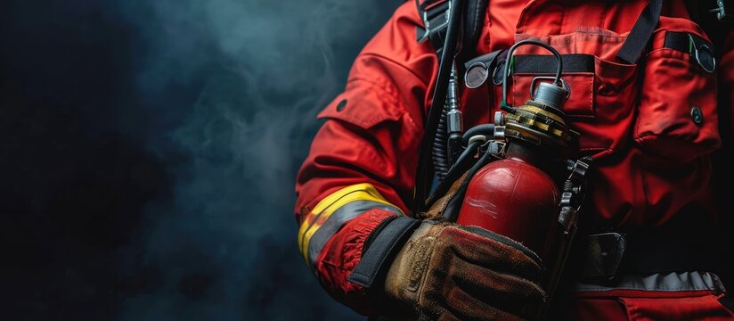 compressed air bottle and pressure gauge held by firefighter with gloves. Creative Banner. Copyspace image