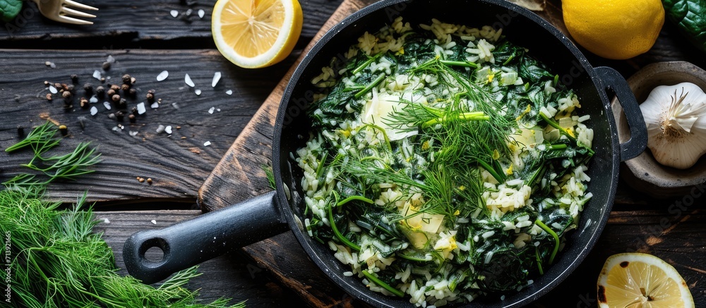 Poster close up of spanakorizo greek spinach and rice pilaf with lemon dill scallion in frying pan on dark 